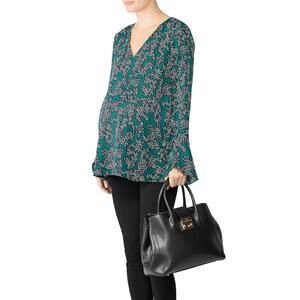 A Pea in the Pod Floral Maternity Top S Green Boho Bell Sleeve Ruffle Crepe